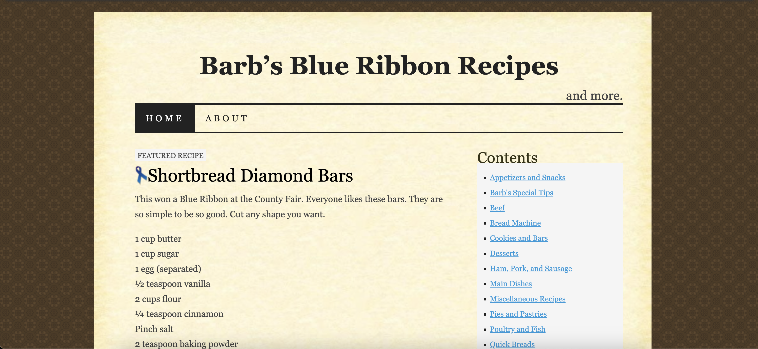 Barb's Blue Ribbon Recipes website screenshot