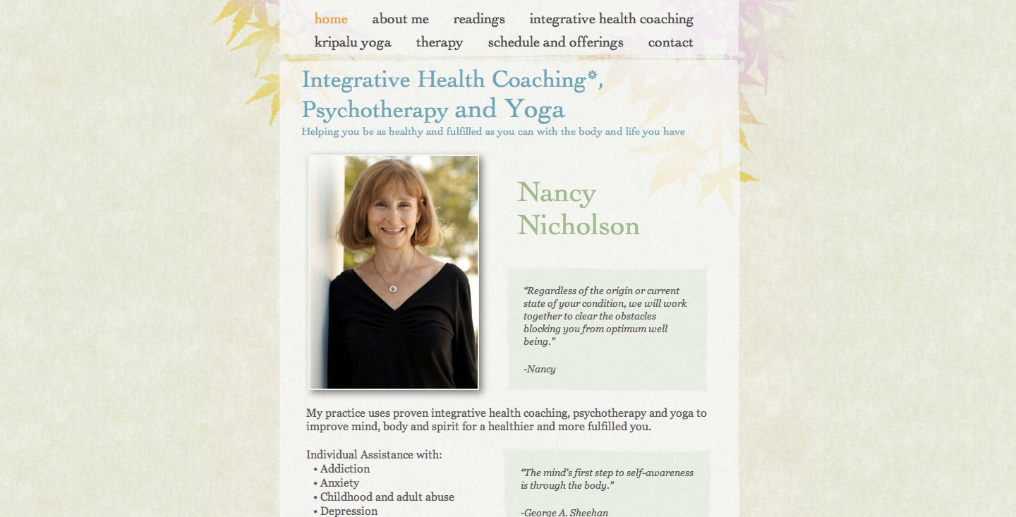 Nancy Nicholson Yoga Therapy website screenshot